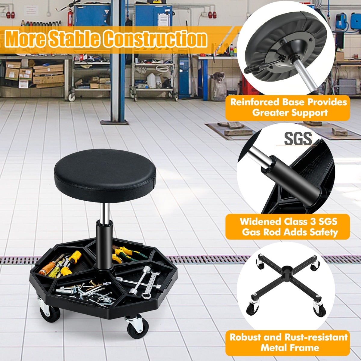 Garage Workshop Creeper Seat with Padded Seat and Tool Tray-Black