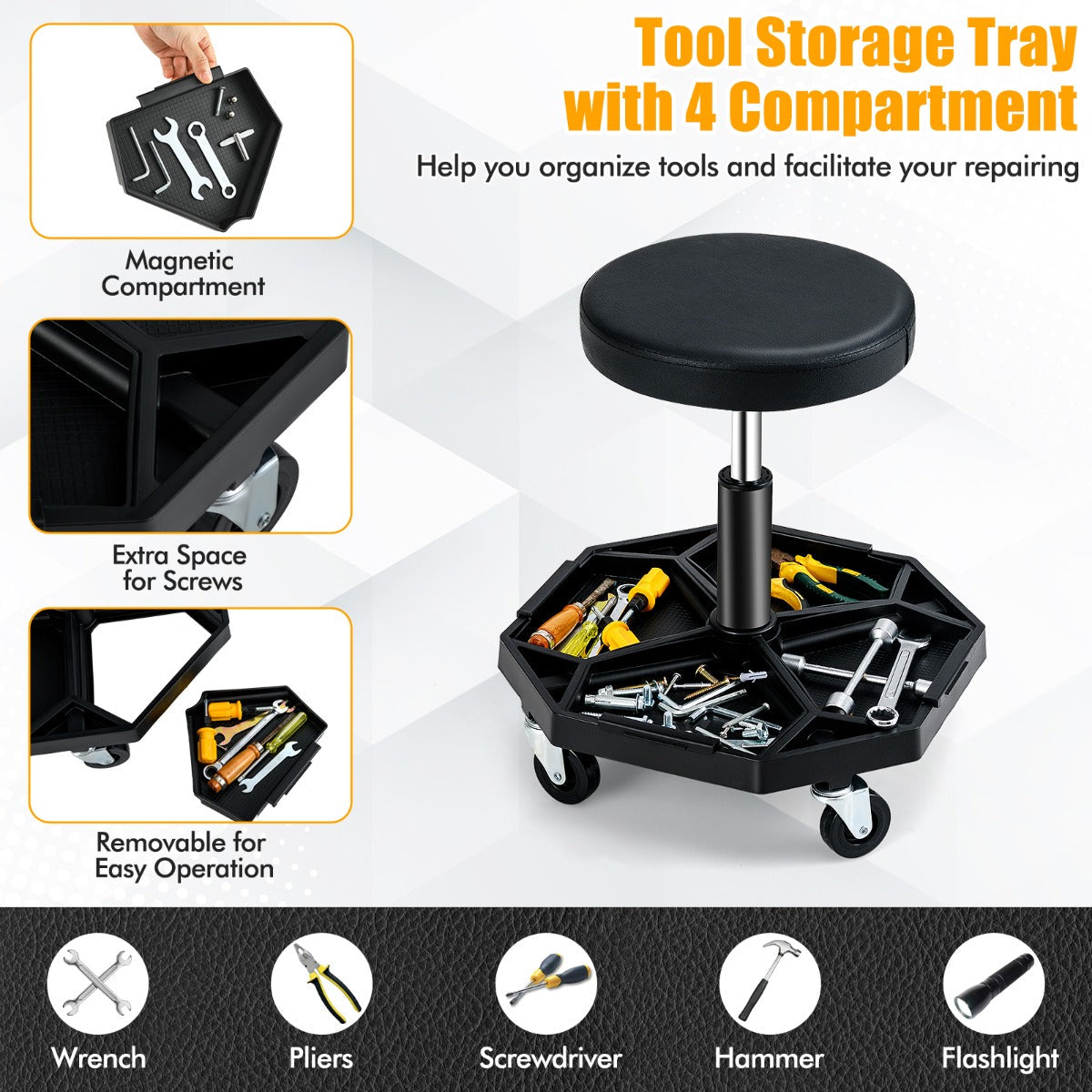 Garage Workshop Creeper Seat with Padded Seat and Tool Tray-Black