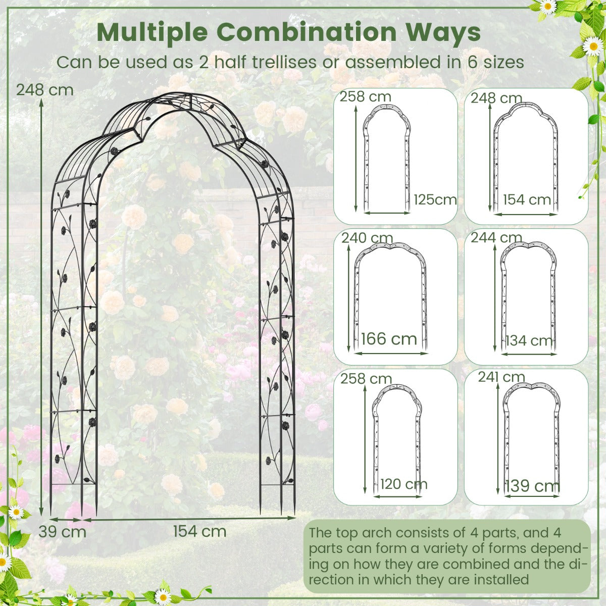 Garden Arch Arbor Trellis 2 Half Arches Metal Arbour Archway-Black