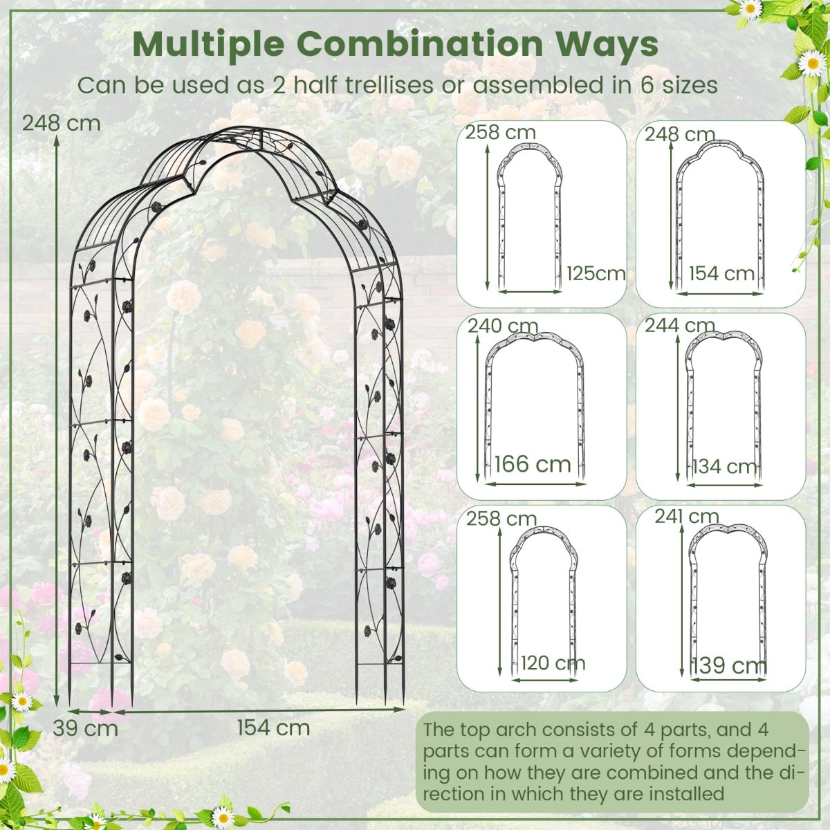 Garden Arch Arbor Trellis 2 Half Arches Metal Arbour Archway-Black