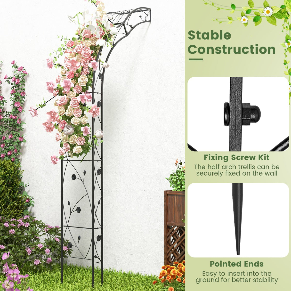 Garden Arch Arbor Trellis 2 Half Arches Metal Arbour Archway-Black