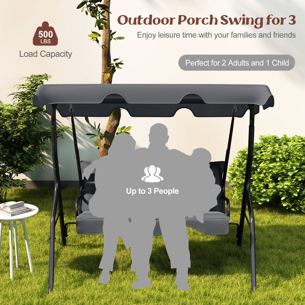 Garden Patio Metal Swing 3 Seater Lounger-Grey