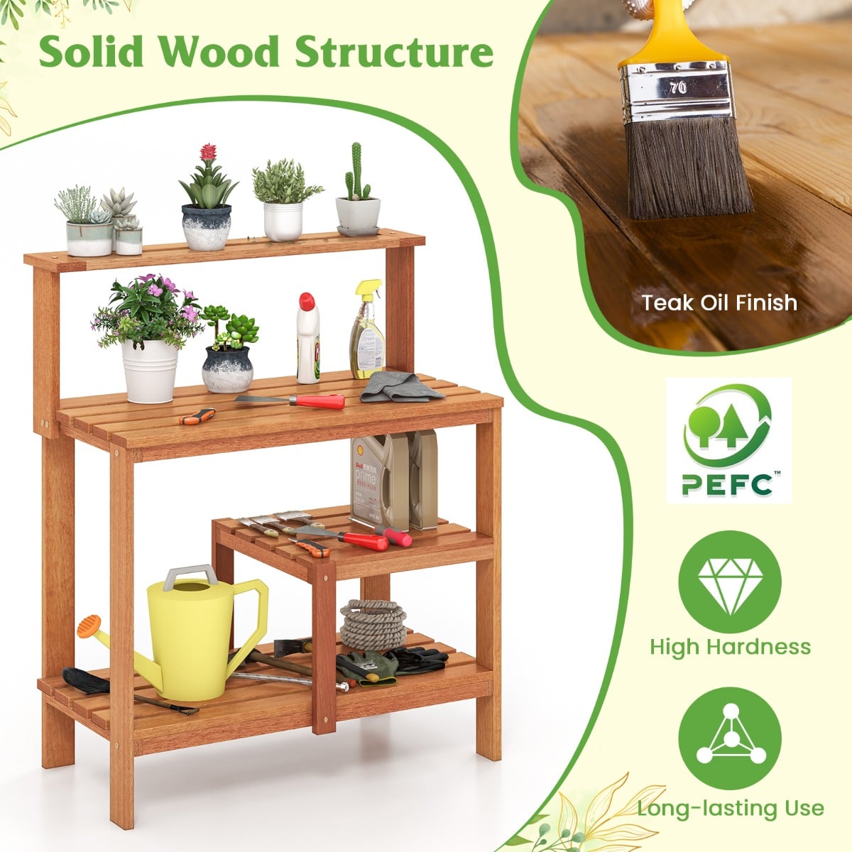 Garden Potting Bench Table with Open Shelves and Teak Oil Finish