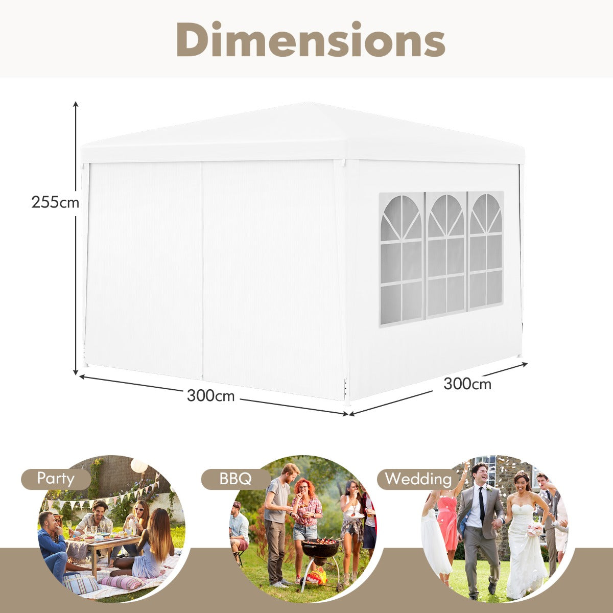 3 x 3 m Gazebo Shelter with Large Canopy and Steel Tubes-White