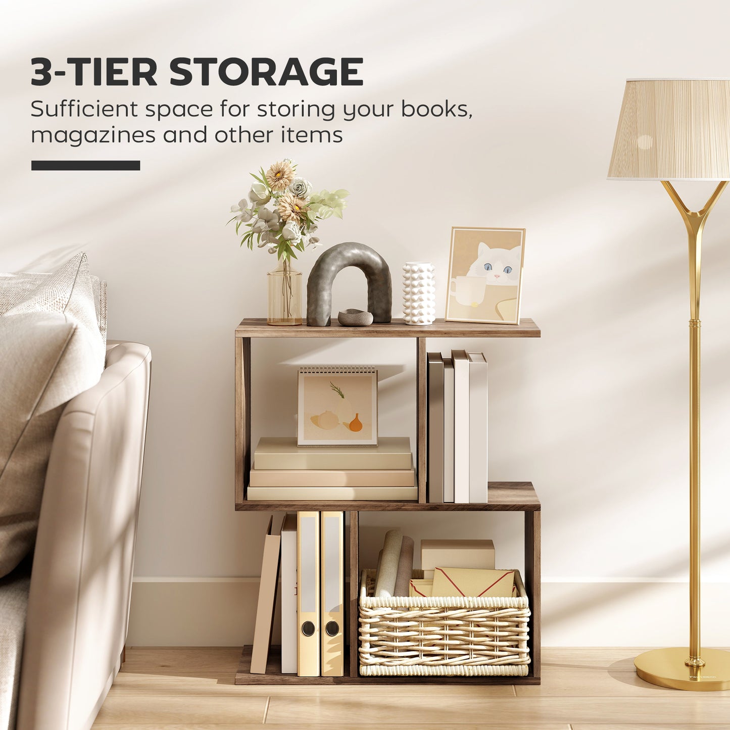 HOMCOM Side Table, Narrow End Table with Storage Shelves, S-Shaped, 3-Tier, 50W x 19.5D x 58H cm, Oak