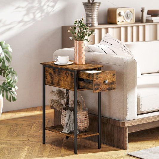 HOMCOM Narrow Side Table with Drawer and Storage Shelf - Rustic Brown
