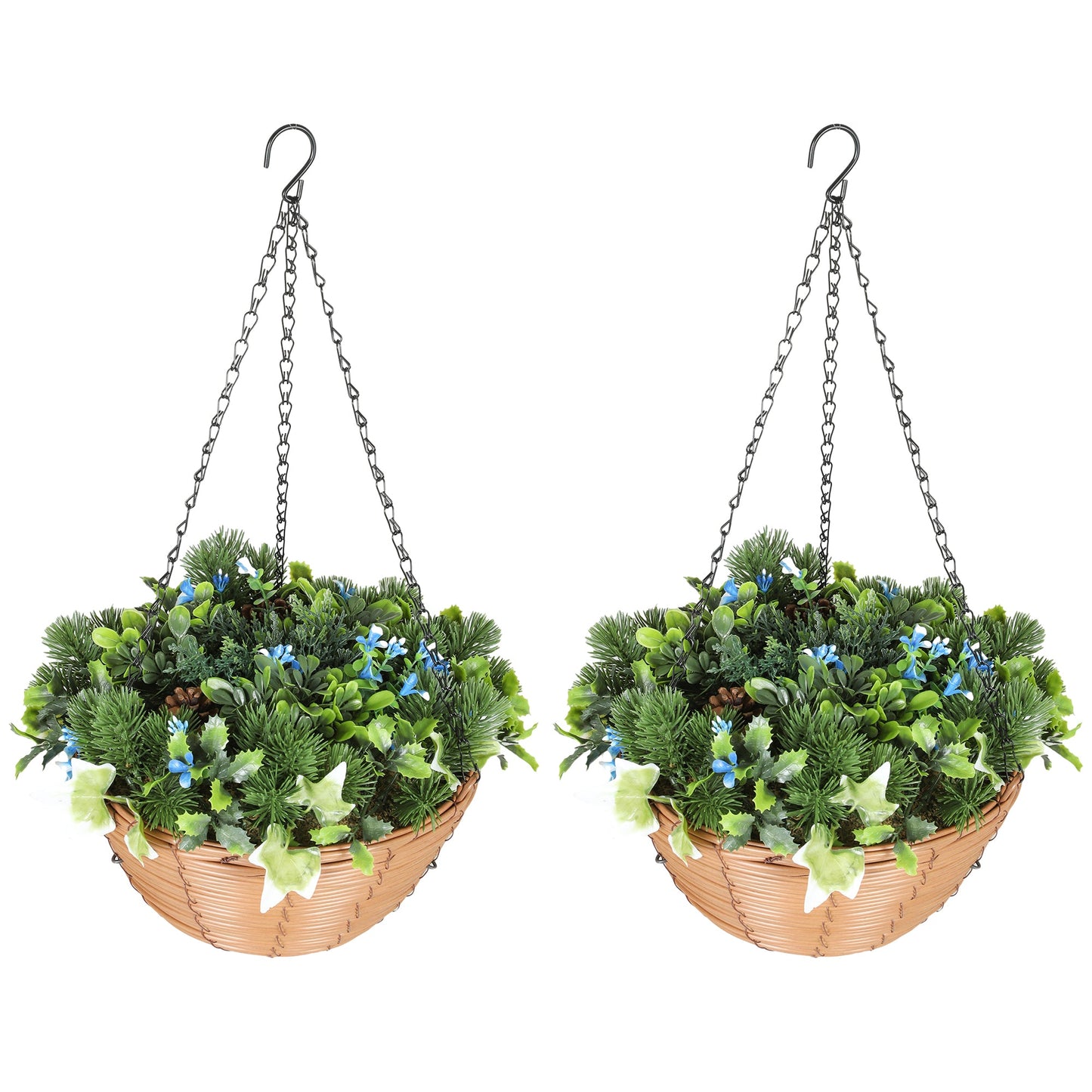 HOMCOM Pack of 2 Faux Plant Artificial Lisianthus Flowers, Hanging Planters with Basket, PE Leaves, 18 Flowers and 3 Pinecones, Decorative Faux Plants for Home Office Decor, Green