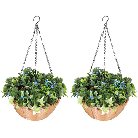 HOMCOM Pack of 2 Faux Plant Artificial Lisianthus Flowers, Hanging Planters with Basket, PE Leaves, 18 Flowers and 3 Pinecones, Decorative Faux Plants for Home Office Decor, Green