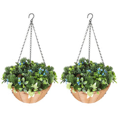 HOMCOM Pack of 2 Faux Plant Artificial Lisianthus Flowers, Hanging Planters with Basket, PE Leaves, 18 Flowers and 3 Pinecones, Decorative Faux Plants for Home Office Decor, Green