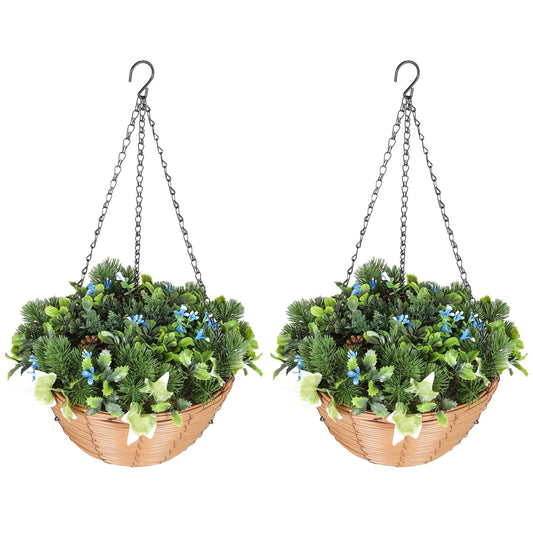 HOMCOM Pack of 2 Faux Plant Artificial Lisianthus Flowers, Hanging Planters with Basket, PE Leaves, 18 Flowers and 3 Pinecones, Decorative Faux Plants for Home Office Decor, Green
