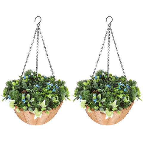 HOMCOM Pack of 2 Faux Plant Artificial Lisianthus Flowers, Hanging Planters with Basket, PE Leaves, 18 Flowers and 3 Pinecones, Decorative Faux Plants for Home Office Decor, Green