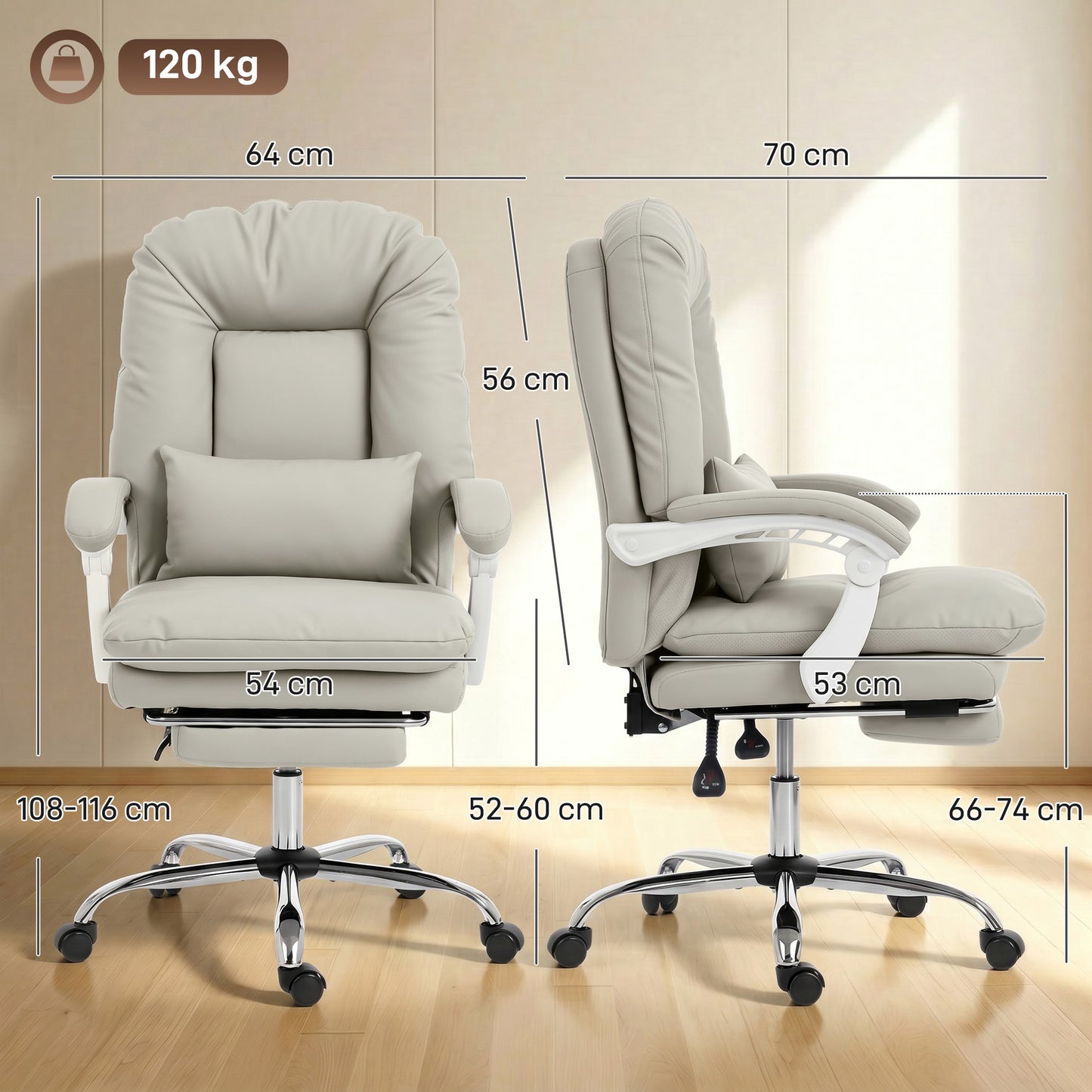 HOMCOM Ergonomic Executive Office Chair, Velvet Reclining Desk Chair with Lumbar Support, Footrest, Plush Thick Cushion, Khaki