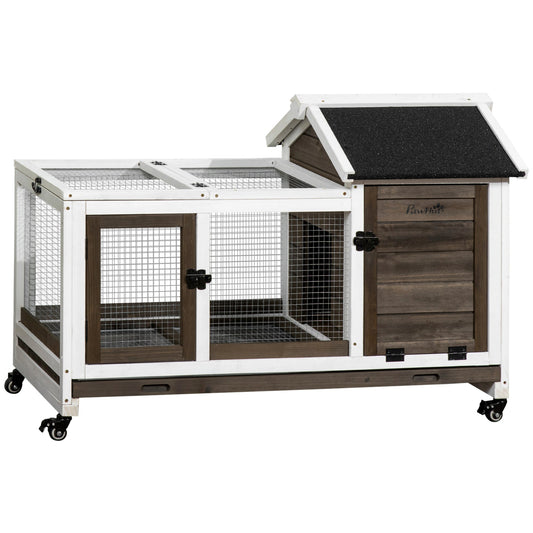 PawHut Wooden Rabbit Hutch, Guinea Pig Cage, with Removable Tray, Wheels - Brown