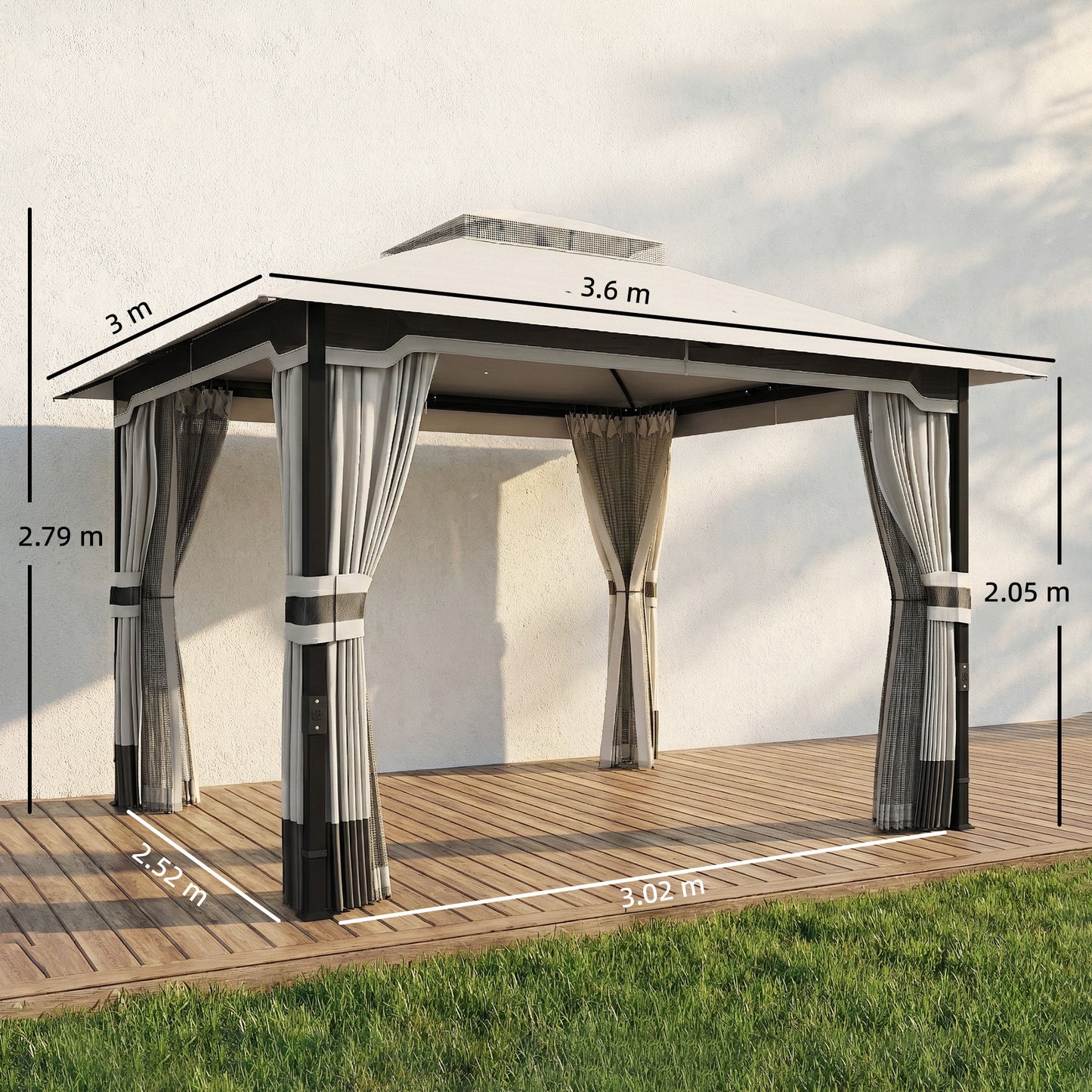 Outsunny 3 x 3.6 m Outdoor Garden Gazebo with Netting and Curtains, Double Roof Patio Gazebo Permanent Pavilion, Light Grey