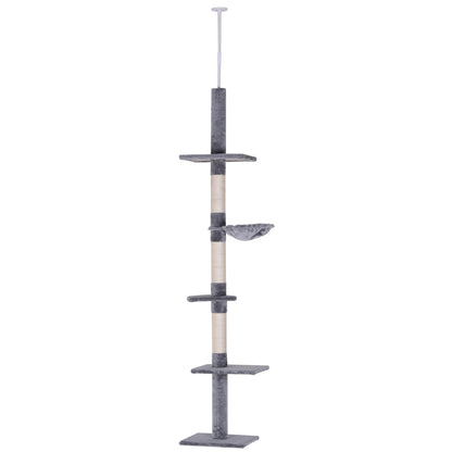 PawHut Floor to Ceiling Cat Tree Height Adjustable 230-260cm, 5-Tier Cat Tower with Scratching Post, Hammock, Perches, Climbing Activity Centre for Indoor Kittens, Grey