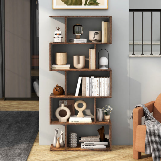 5-Tier Bookshelf with Anti-Toppling Device for Living Room Home Office-Rustic Brown