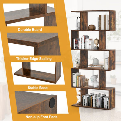 5-Tier Bookshelf with Anti-Toppling Device for Living Room Home Office-Rustic Brown