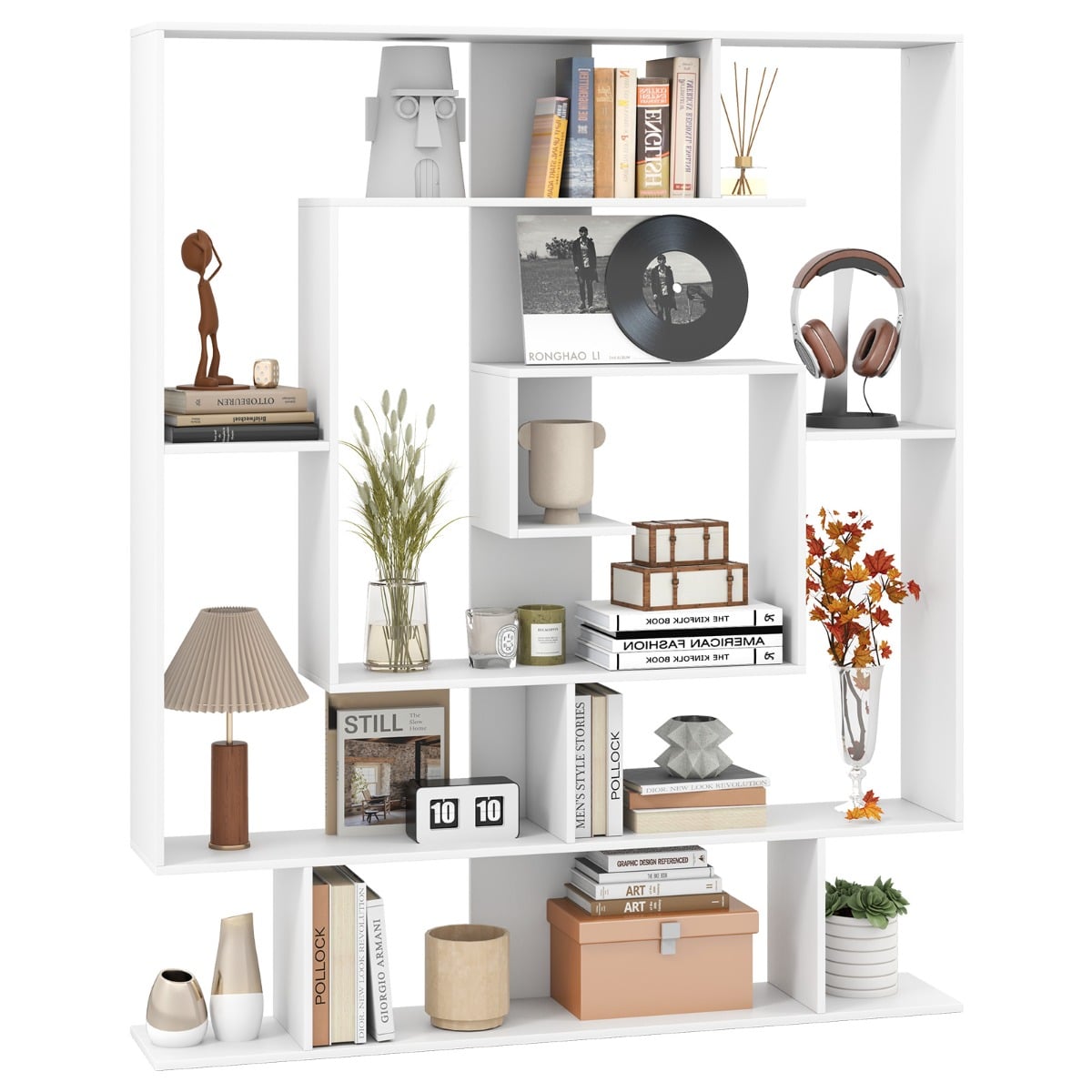 7-Tier Geometric Bookshelf with 2 Anti-Tipping Kits-White