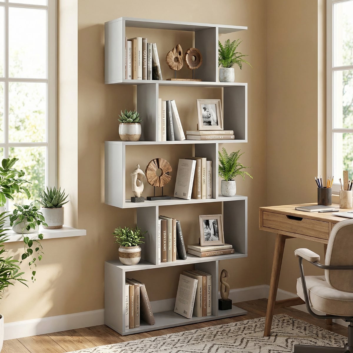 Geometric S-Shaped Bookcase with Anti-Toppling Device for Living Room Home Office-Grey