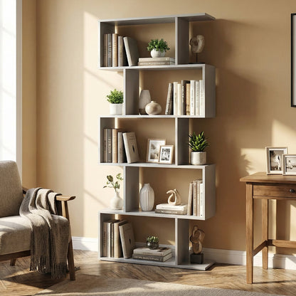 Geometric S-Shaped Bookcase with Anti-Toppling Device for Living Room Home Office-Grey