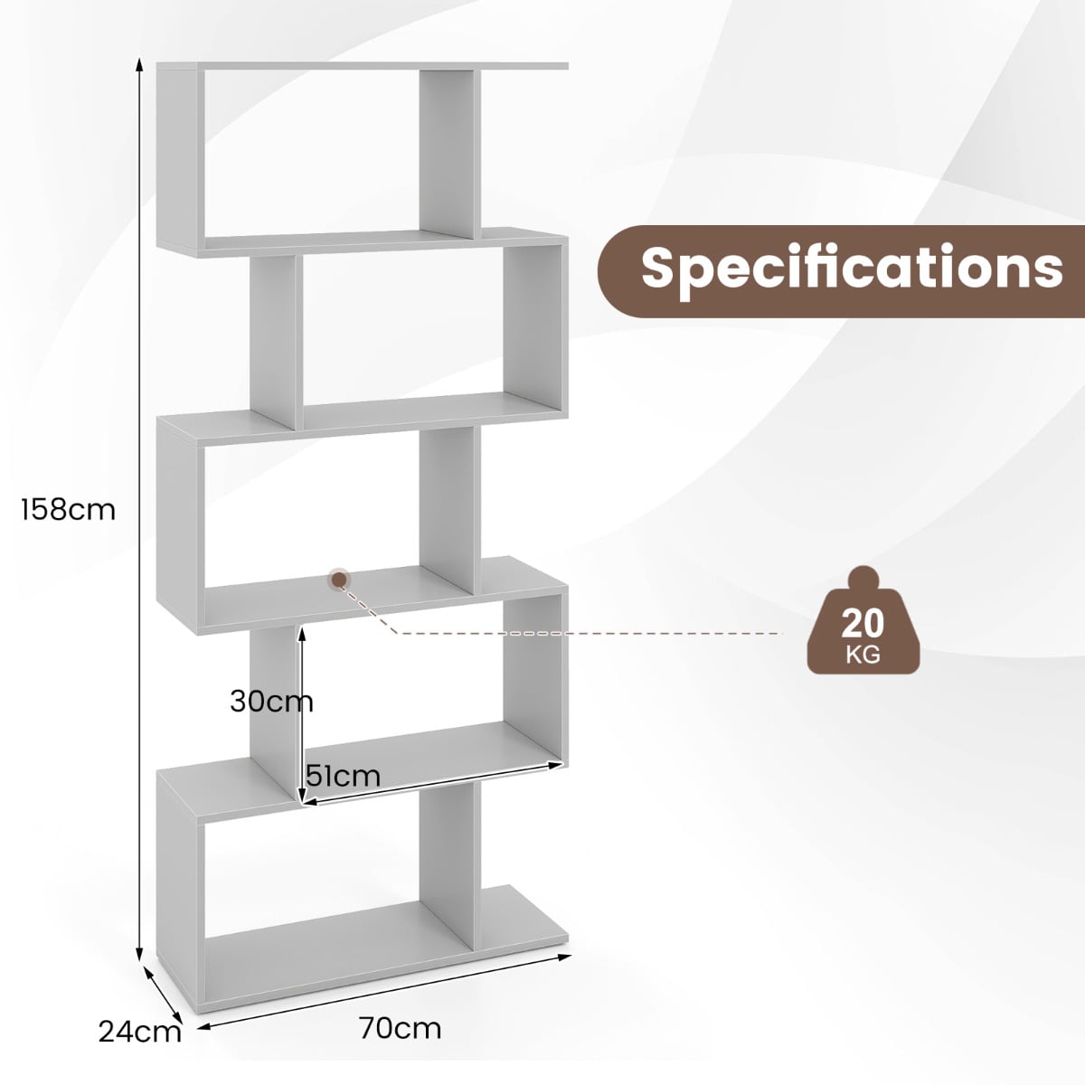 Geometric S-Shaped Bookcase with Anti-Toppling Device for Living Room Home Office-Grey
