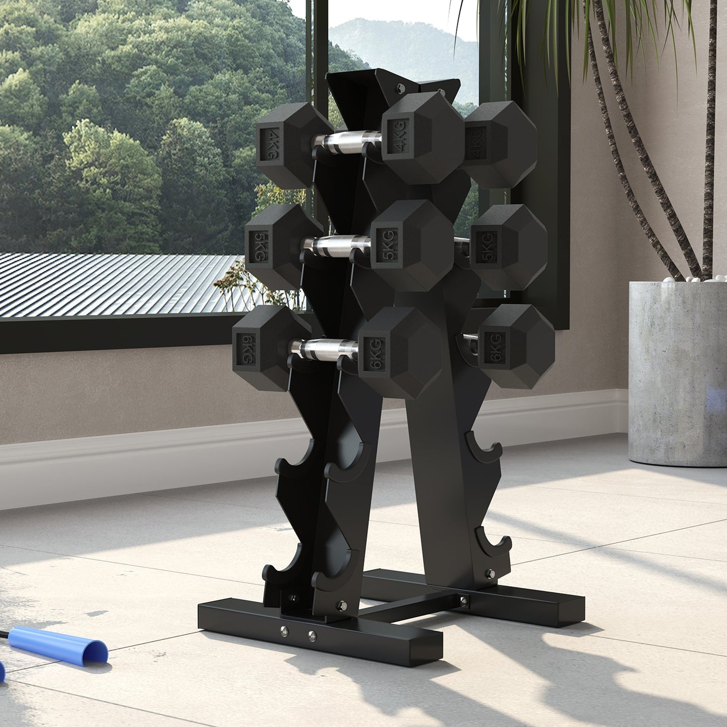SPORTNOW 5-Tier Dumbbell Rack with 6 Hexagonal Rubber Dumbbells (2x4kg, 2x5kg, 2x6kg), Dumbbell Storage Stand Holder with Weights Sets for Home Gym Fitness, Black