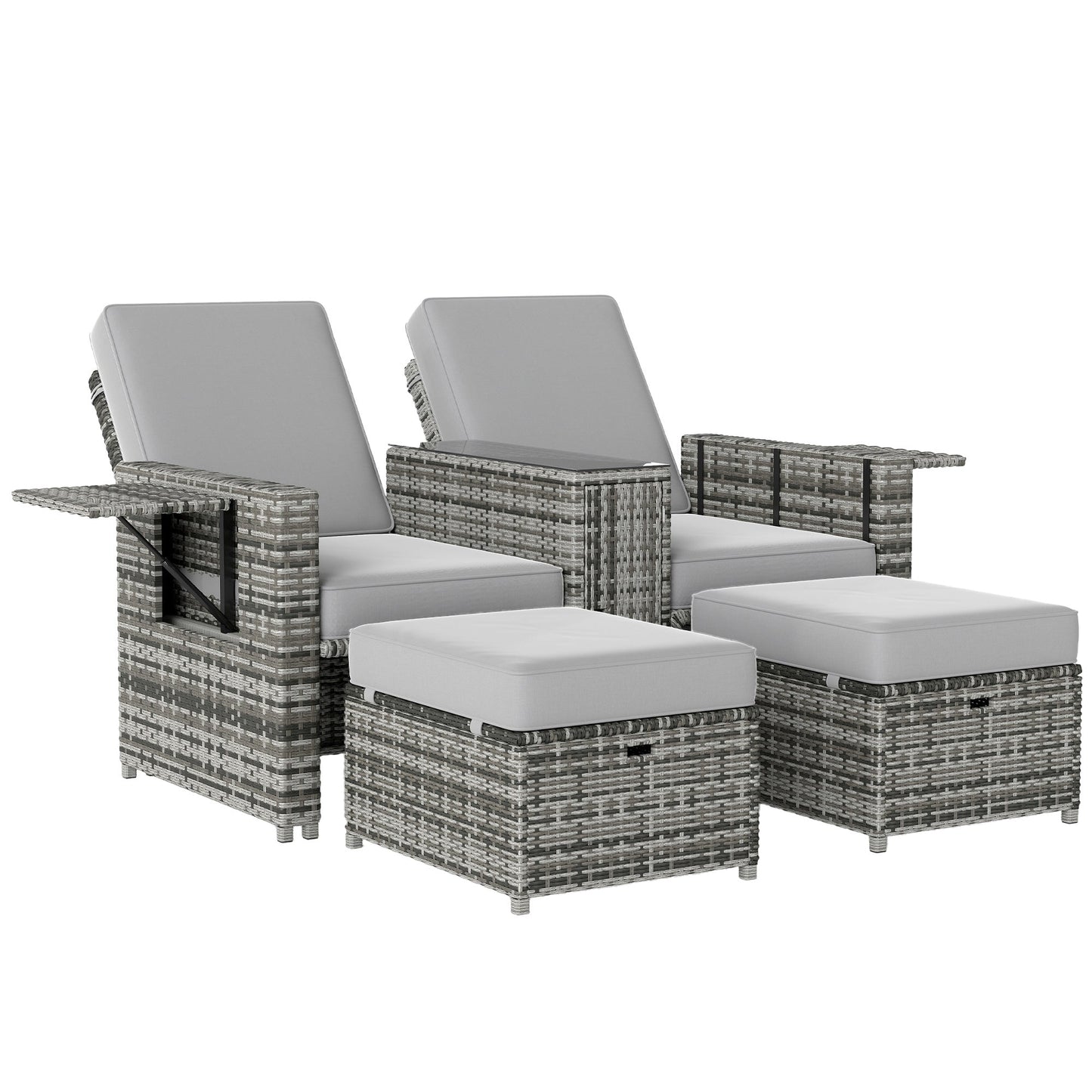 Outsunny Rattan Sun Lounger w/ Storage Tea Table & Footstools, Grey