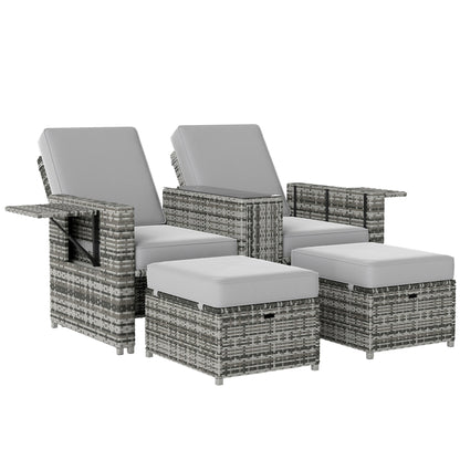 Outsunny Rattan Sun Lounger w/ Storage Tea Table & Footstools, Grey