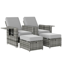 Outsunny Rattan Sun Lounger w/ Storage Tea Table & Footstools, Grey