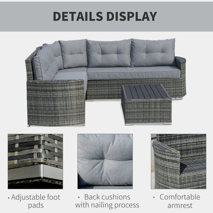 Outsunny 4 Pieces Outdoor PE Rattan Sofa Set, Patio Wicker Sectional Conversation Aluminium Frame Corner Sofa Set, w/ Padded Cushion & Topper Tea Table, Mixed Grey