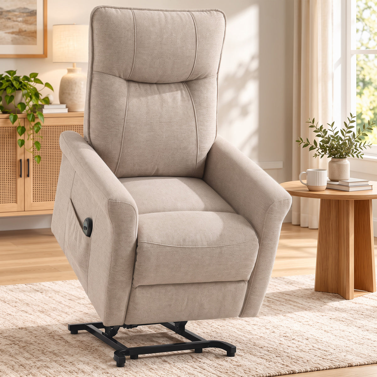 HOMCOM Power Lift Chair, Chenille Rise and Recliner Armchair with Pocket Spring, Footrest, Remote for Living Room, Light Brown
