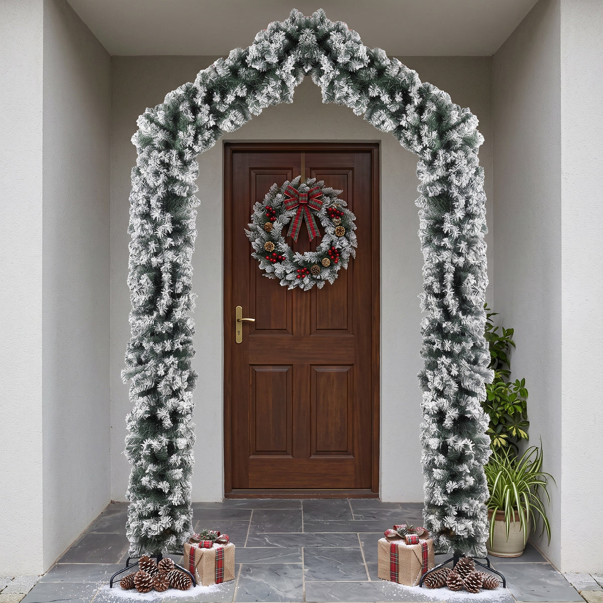 HOMCOM 9ft Flocked Snow Christmas Tree Arch, Christmas Single Arch Doorway Decor with 1400 Branch Tips and Steel Stand, Green