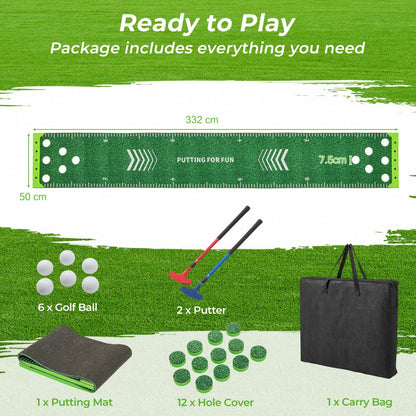 11 FT Putting Green Mat with 2 Adjustable Putters 6 Balls and 12 Hole Covers for Party