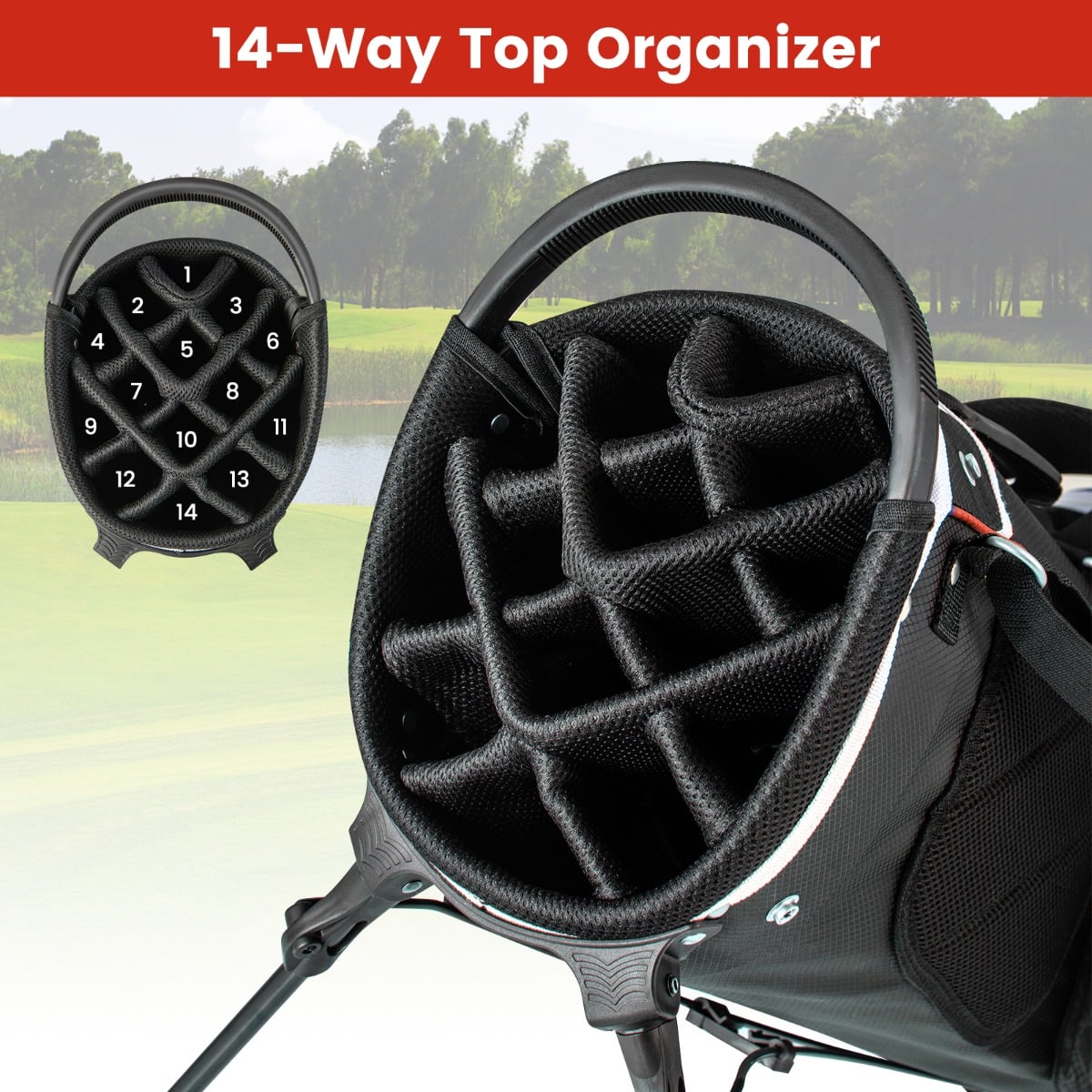 Golf Stand Bag wIth 14 Way Top Dividers 6 Pockets Cooler Bag Dual Strap and Rain Hood-Red