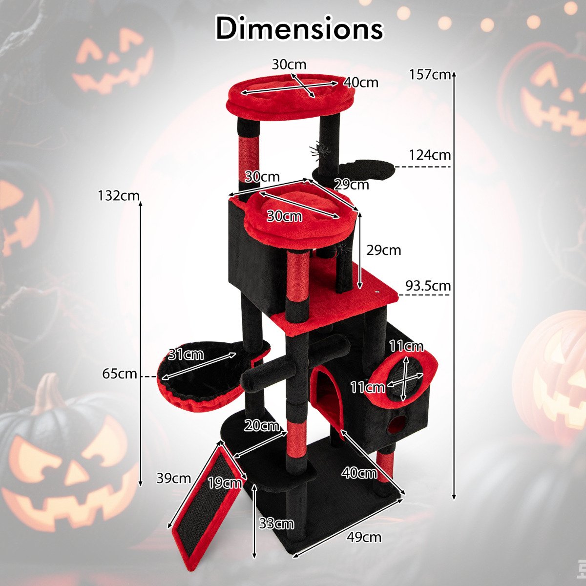 Gothic Cat Tree for Indoor Cats with 2 Cat Condos and 2 Plush Perches-Red