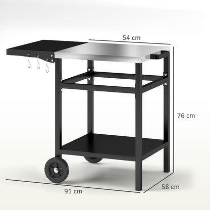Outsunny BBQ Trolley with Stainless Steel Top and Foldable Side Table, Outdoor Kitchen Barbecue Station with Hooks and Shelf, Pizza Oven Table Movable Outdoor Grill Dining Cart with Cover, Black