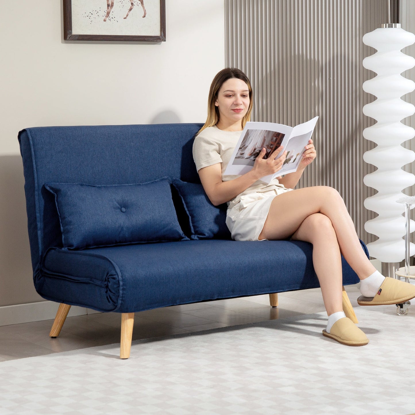 HOMCOM Two-Seater Linen-Look Sofa Bed - Dark Blue