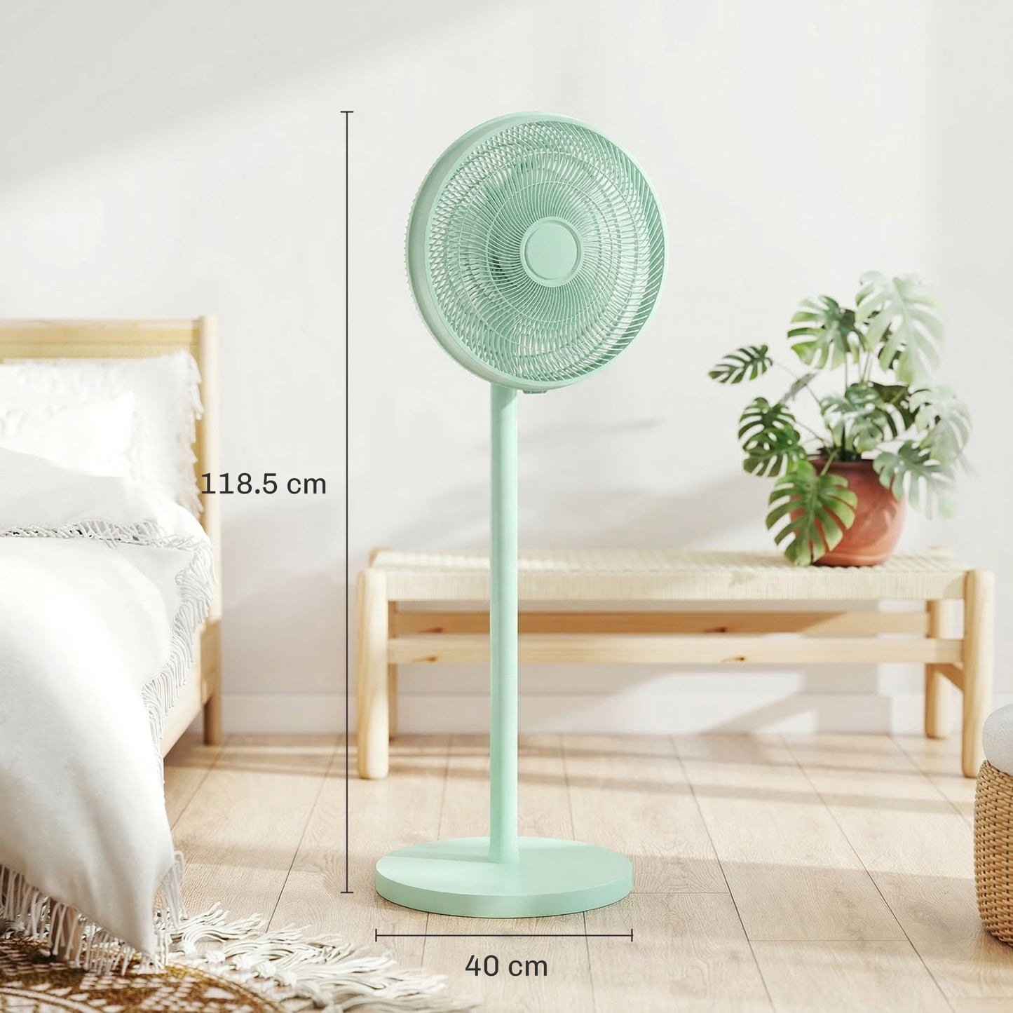 HOMCOM 40 cm Standing Fan, Cooling Floor Fan with 80Â° Oscillating, Adjustable Tilt and Height, 4 Speed, Remote Control, Green