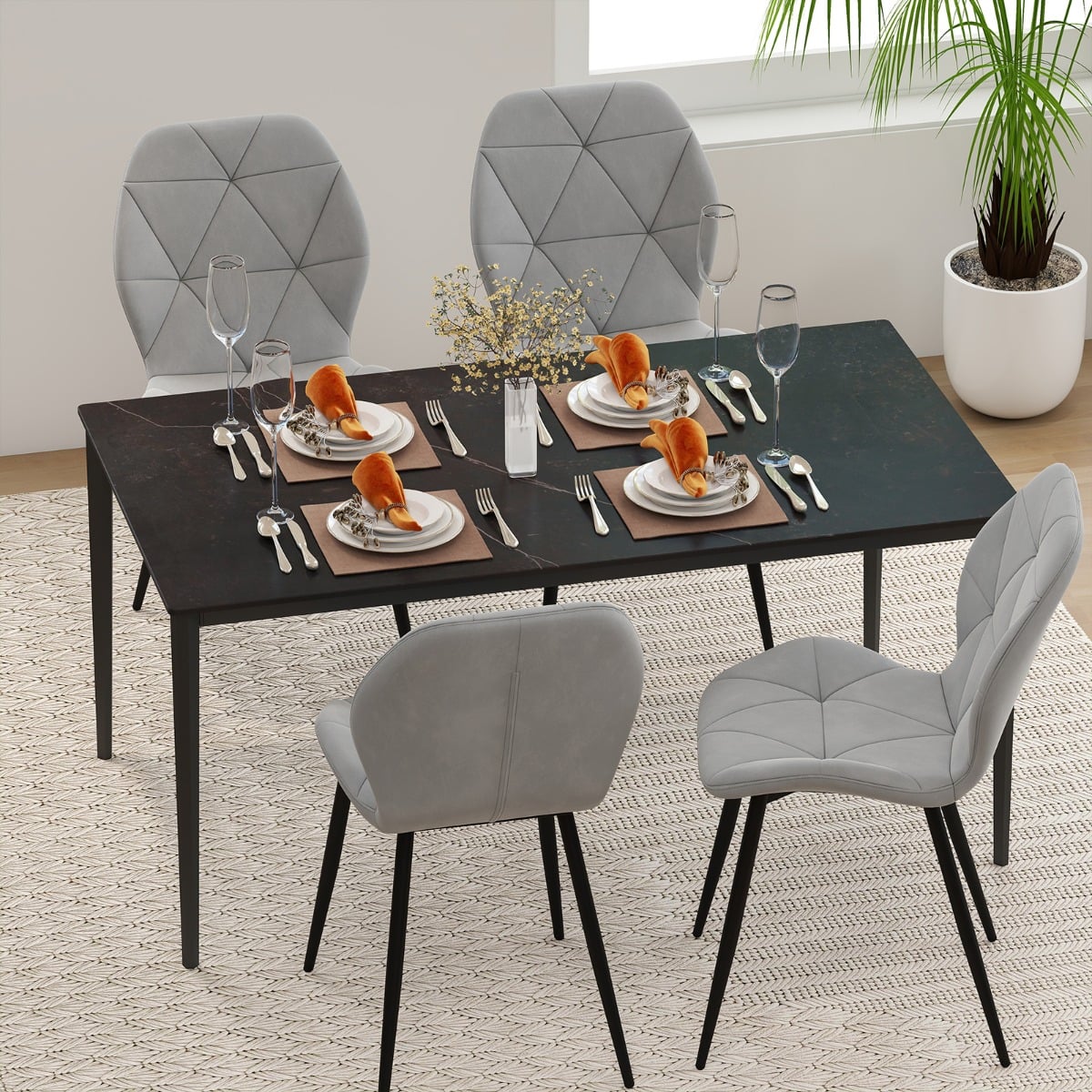 Upholstered Dining Chair Set of 4 with Ergonomic Backrest and Curved Seat-Grey