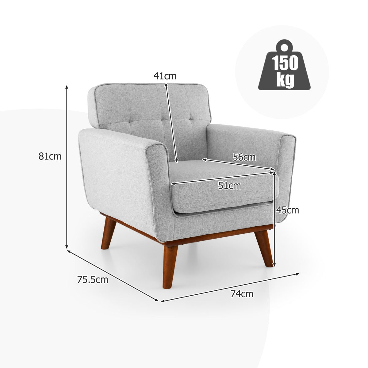 Modern Accent Chair Upholstered Linen Fabric Armchair with Removable Padded Seat Cushion-Gray