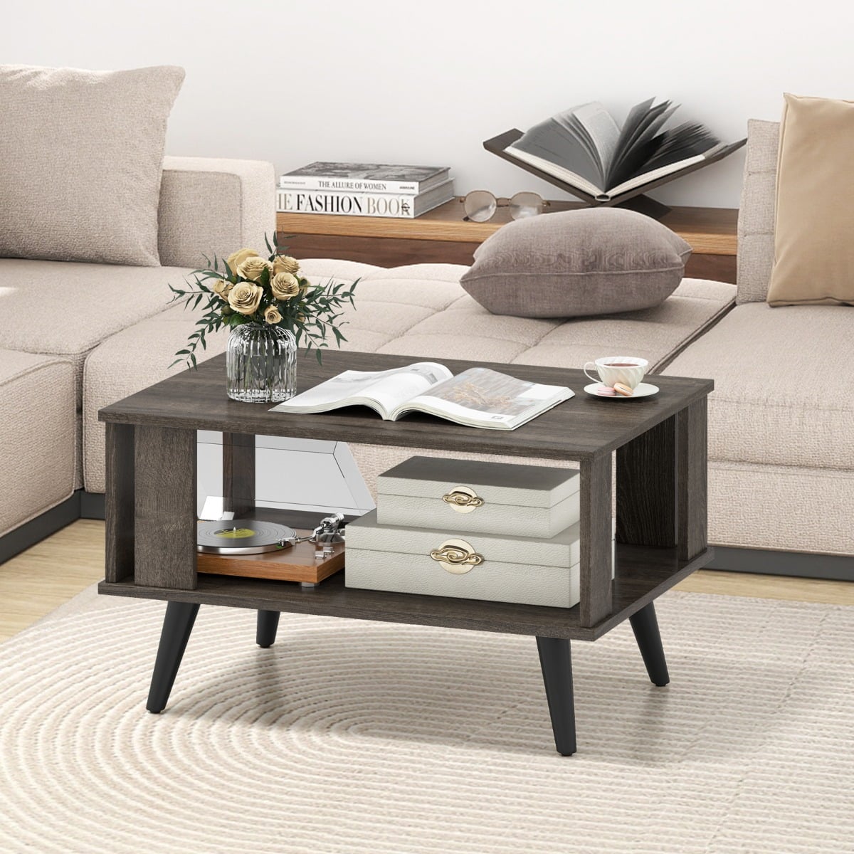 Wooden Industrial Coffee Table with Storage Shelf for Home Office-Grey