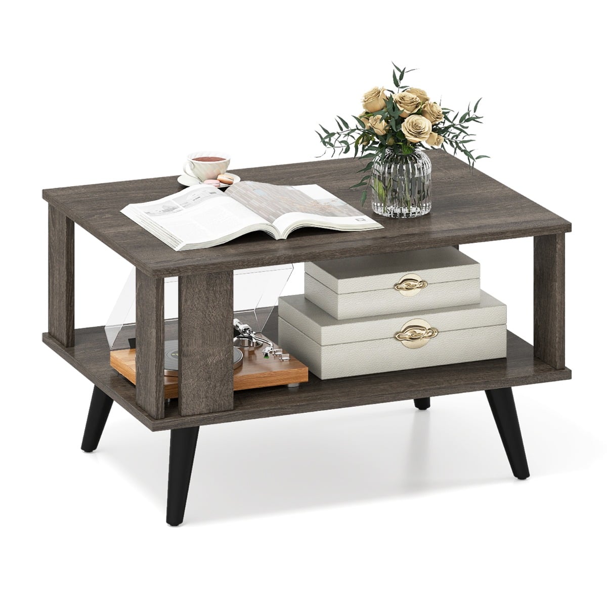 Wooden Industrial Coffee Table with Storage Shelf for Home Office-Grey