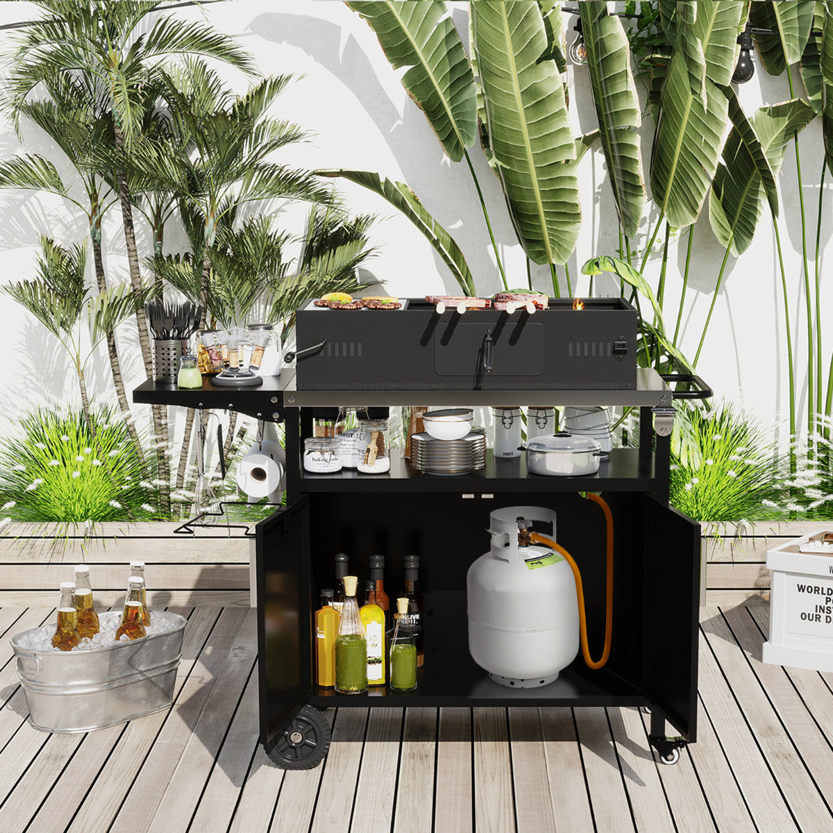 Grill Cart with Storage and Folding Stainless Steel Top-Black