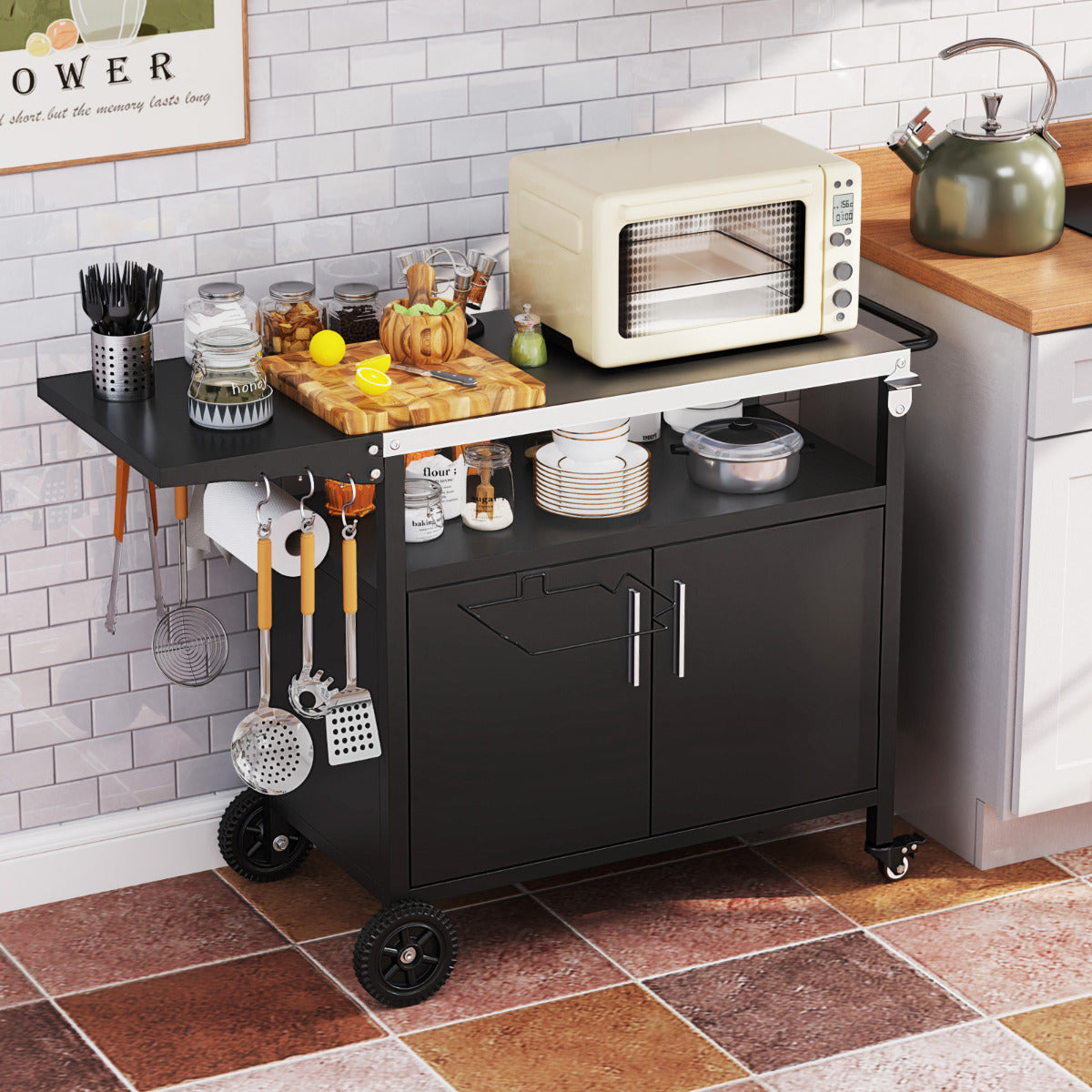 Grill Cart with Storage and Folding Stainless Steel Top-Black