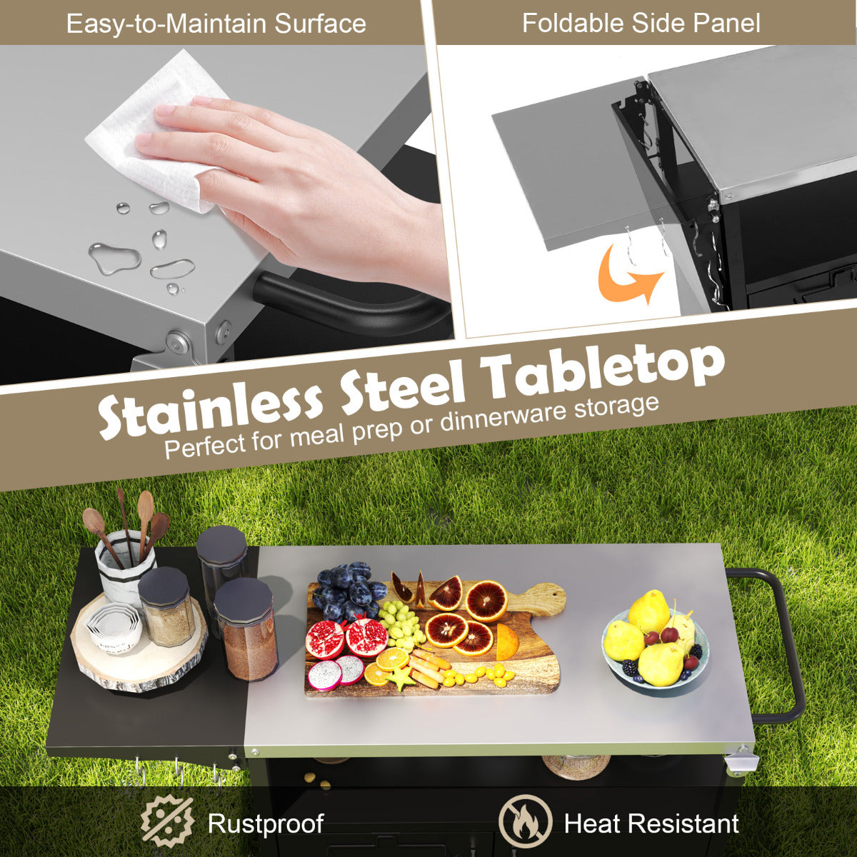 Grill Cart with Storage and Folding Stainless Steel Top-Black