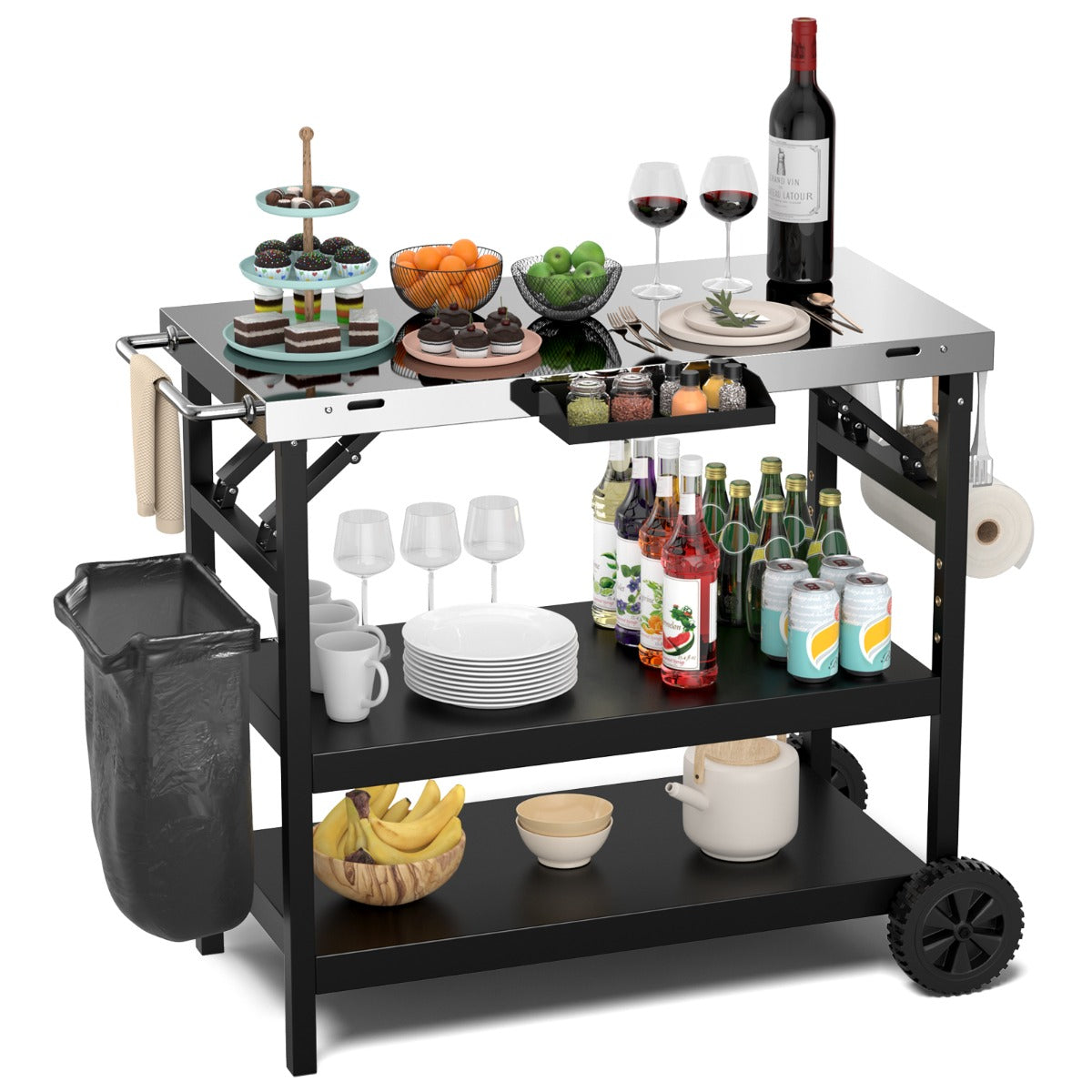3-tier Mobile Food Prep Cart with Adjustable Shelf