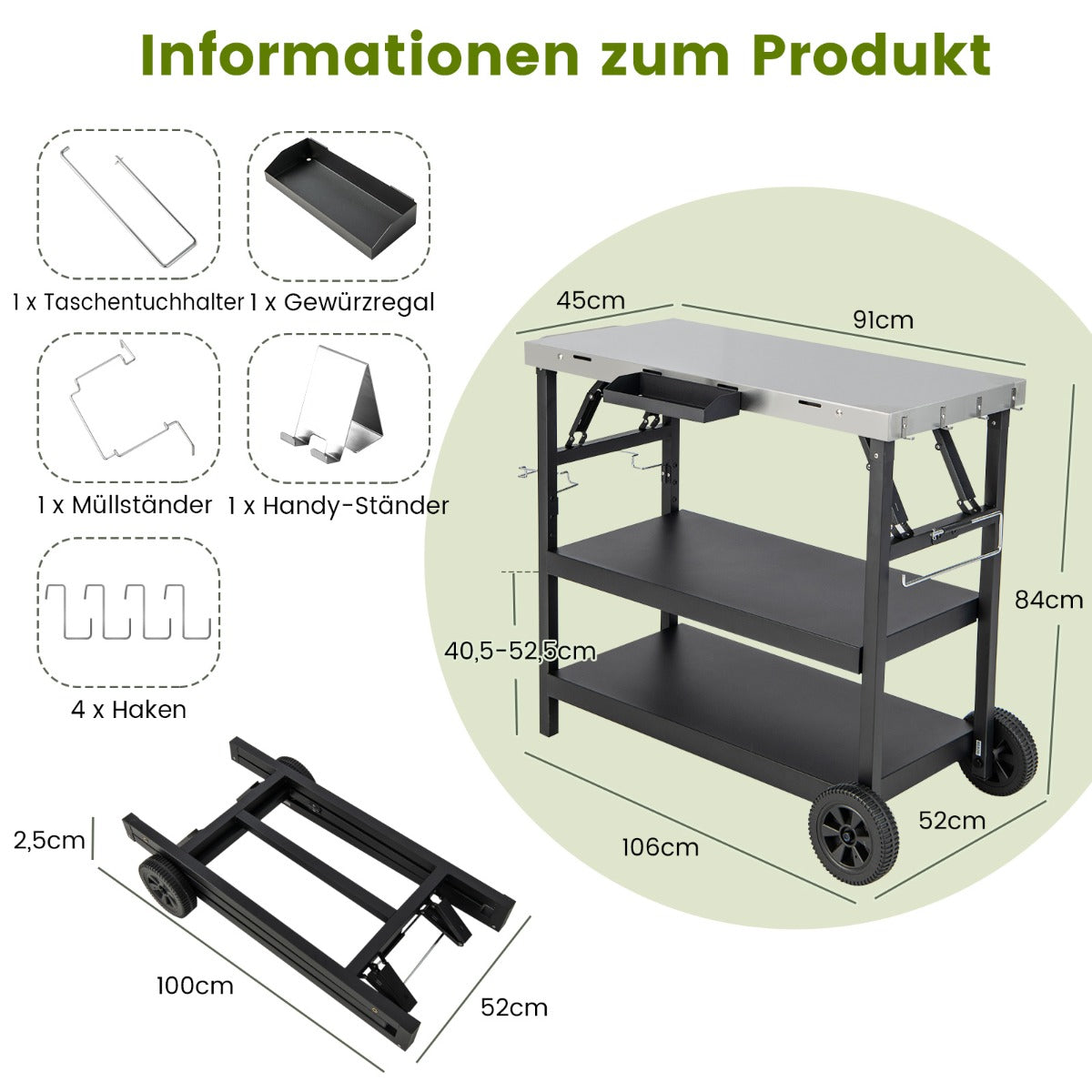 3-tier Mobile Food Prep Cart with Adjustable Shelf