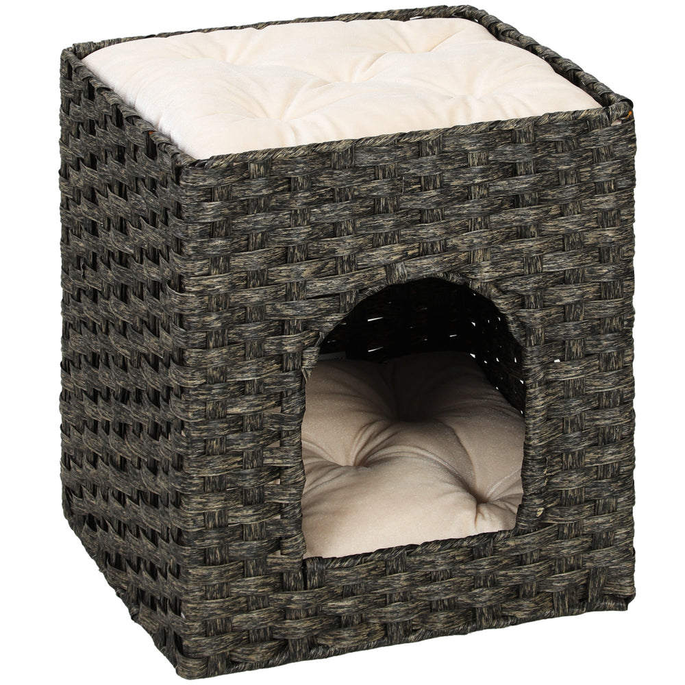 PawHut 2-Tier Wicker Cat House, Handwoven Rattan Cat Bed with Washable Cushions, Indoor Kitten Condo Hideaway
