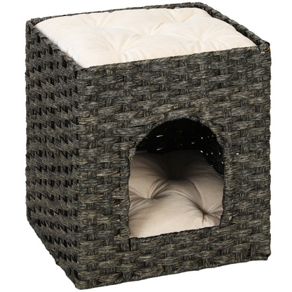 PawHut 2-Tier Wicker Cat House, Handwoven Rattan Cat Bed with Washable Cushions, Indoor Kitten Condo Hideaway