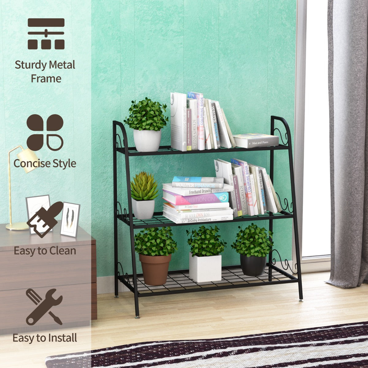 3-Tier Metal Plant Stand with Adjustable Feet for Indoor & Outdoor
